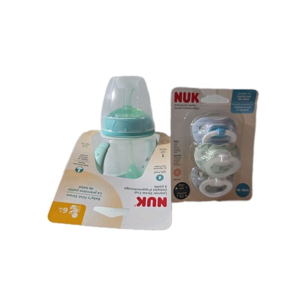 NUK Learner Straw Cup 5oz + 3 Orthodontic Pacifiers 18–36m Set Baby Spill-Proof‎ - Picture 2 of 4